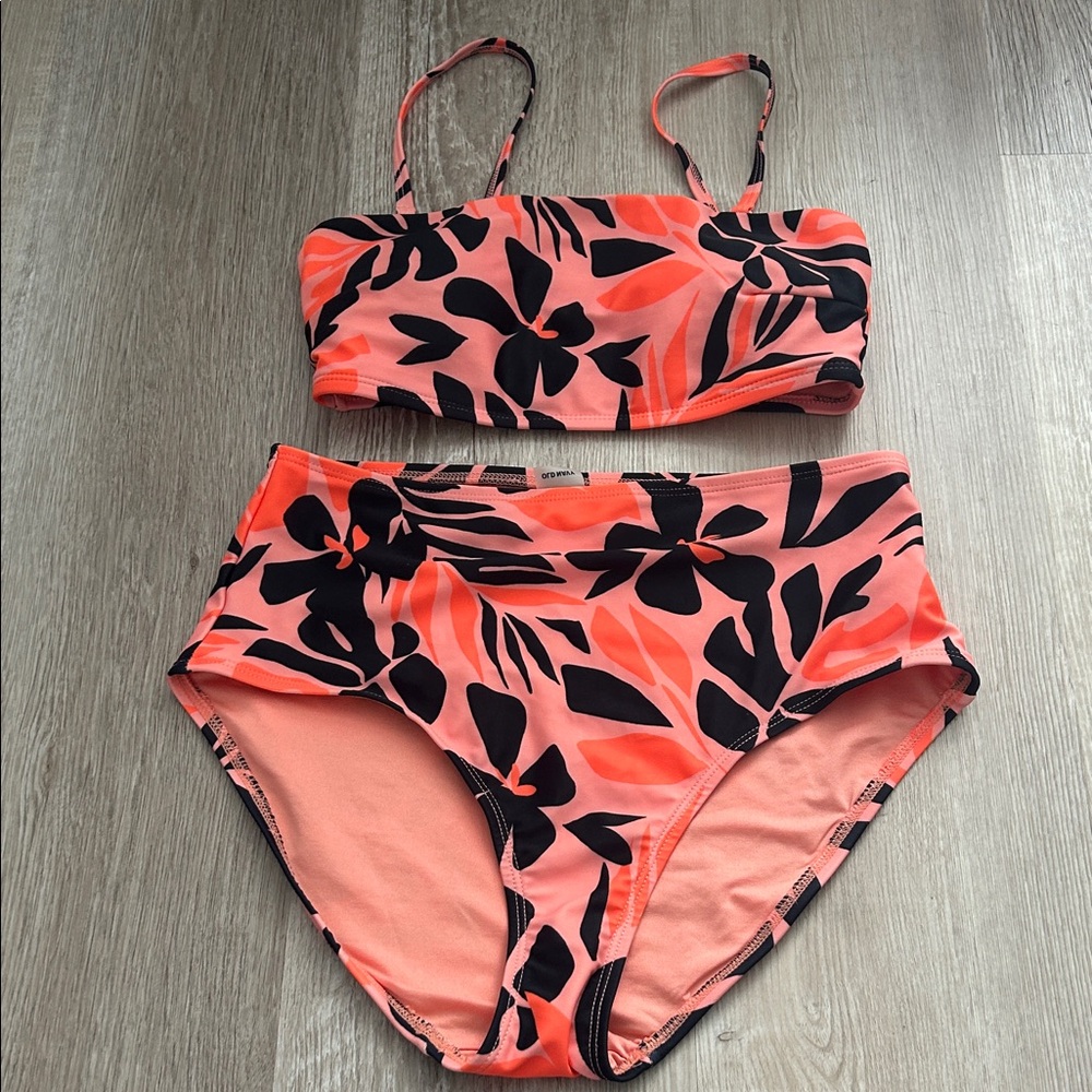 Old Navy Coral Pink and Black Floral High-Waist Bikini